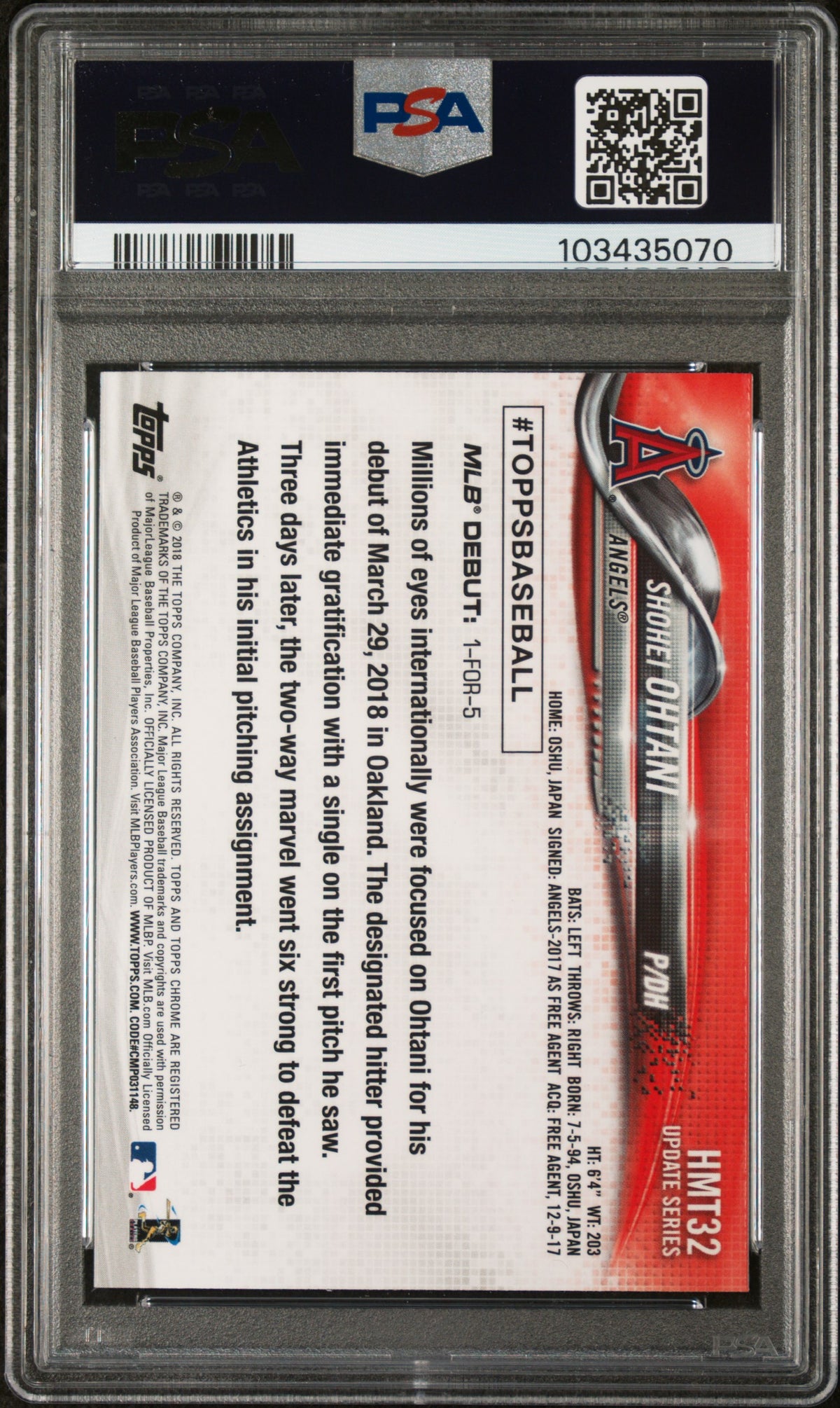 2018 Topps Chrome Update Shohei Ohtani #HMT32 PSA 10
