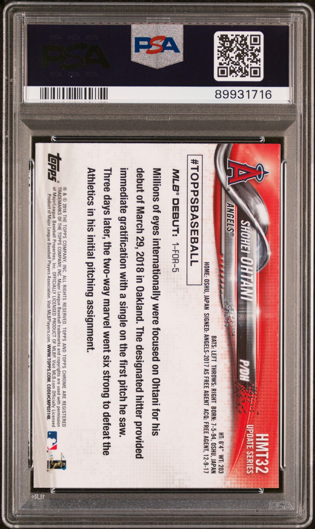 2018 Topps Chrome Update Shohei Ohtani #HMT32 PSA 10